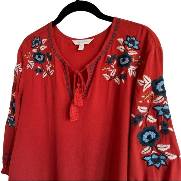 Garnet Hill Embroidered-Yoke Bishop-Sleeve Blouse, Size XS - Picture 5 of 10